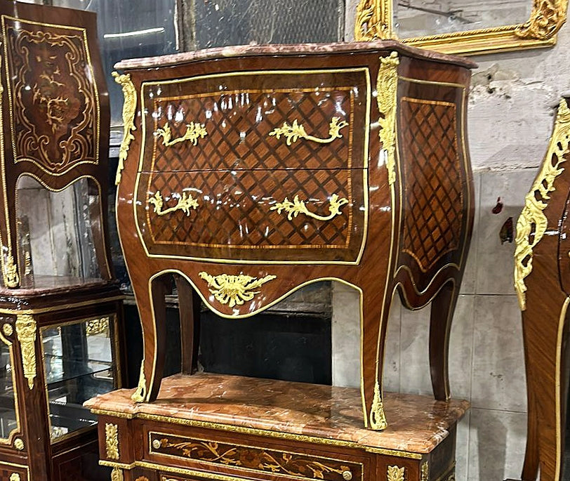 French Brown Chest of Drawers Louis XV Style Marble topped Furniture Gold Detail