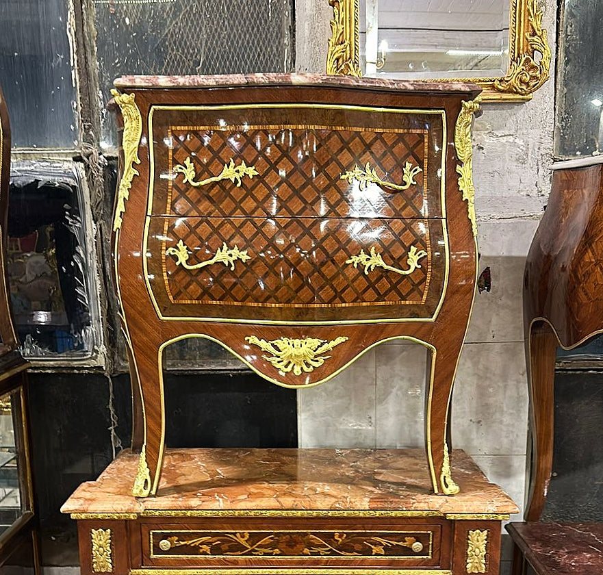 French Brown Chest of Drawers Louis XV Style Marble topped Furniture Gold Detail