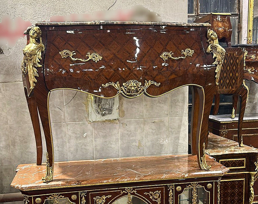 French Brown Chest of Drawers Louis XV Style Marble topped Furniture Gold Detail