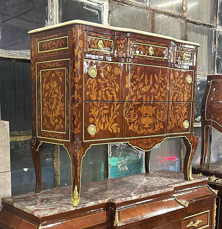 French Marquetry Commode Louis XVI Style Marble Topped Furniture Gold Detail