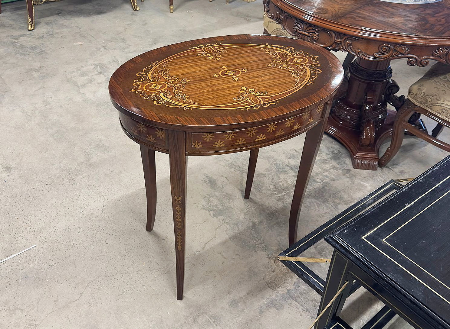 French Baroque Style Marquetry Side Table Gold Details