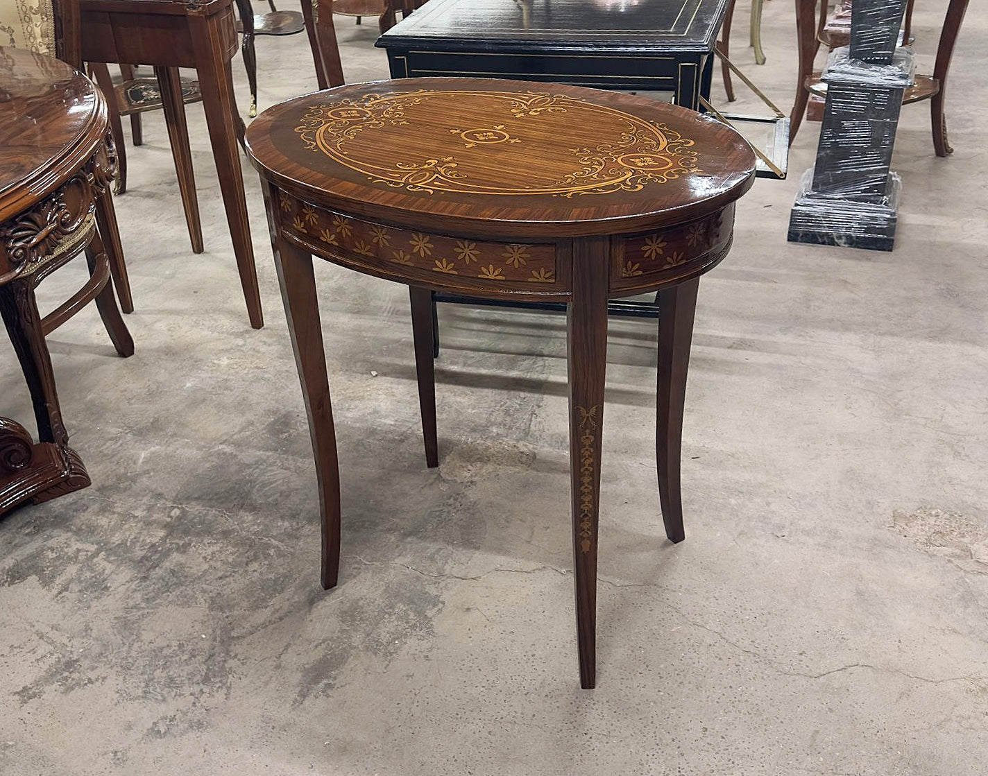 French Baroque Style Marquetry Side Table Gold Details