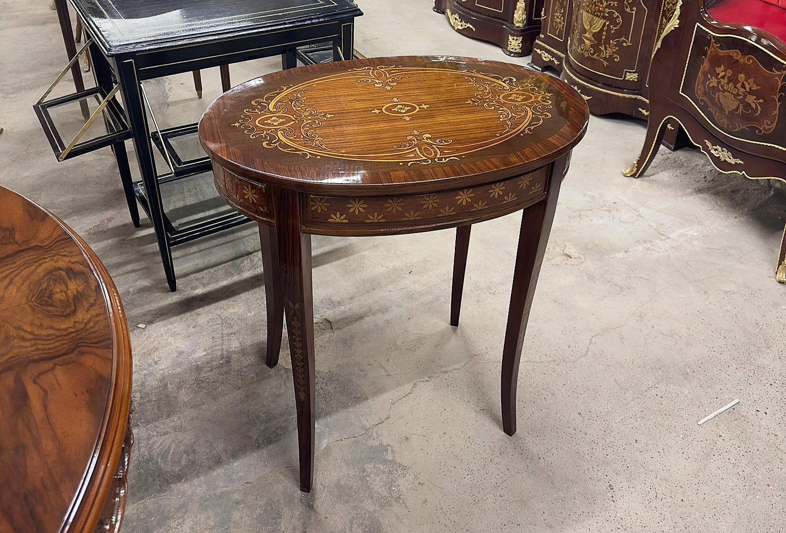 French Baroque Style Marquetry Side Table Gold Details