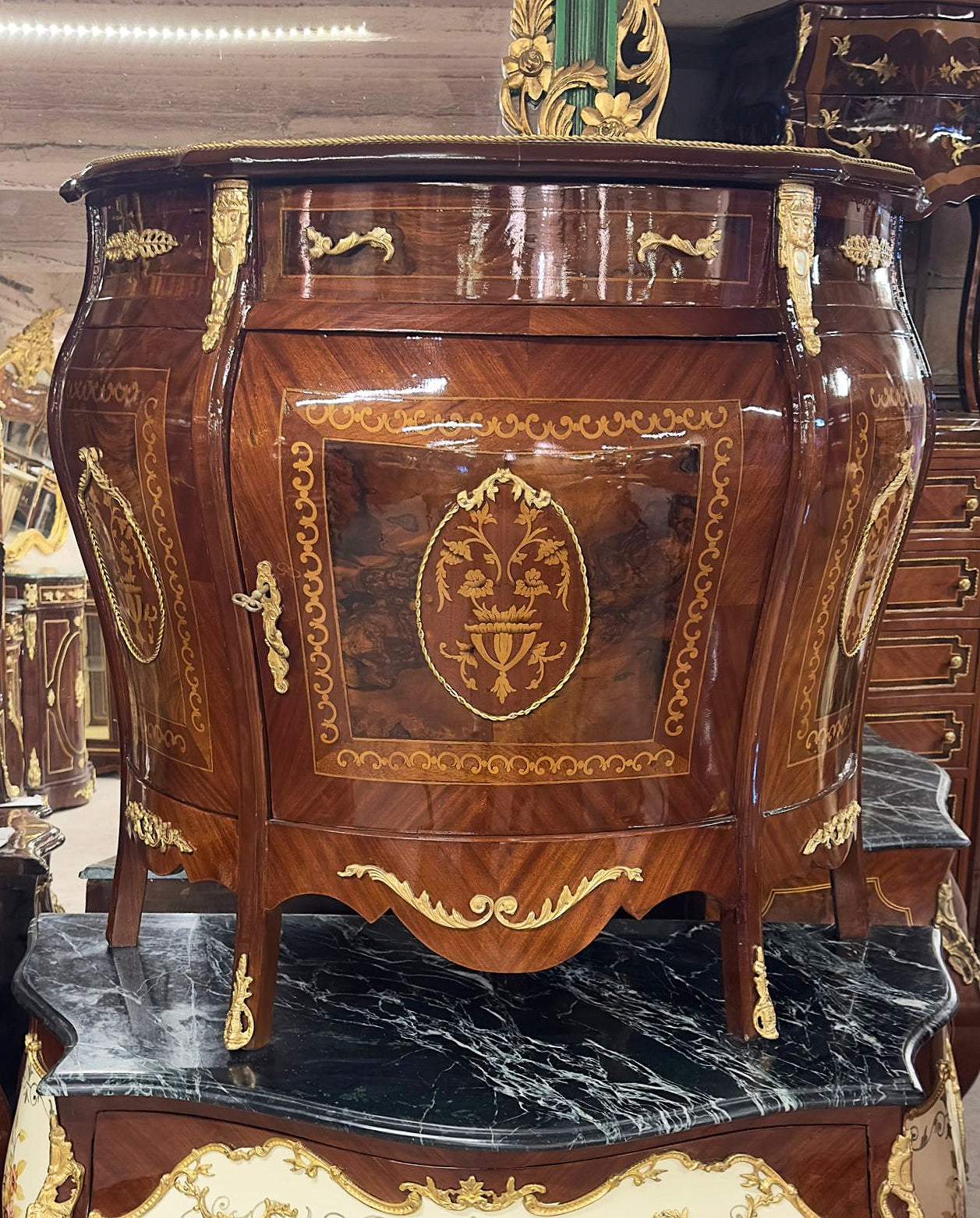 French Louis XVI Style Marquetry Commode With Gold Details