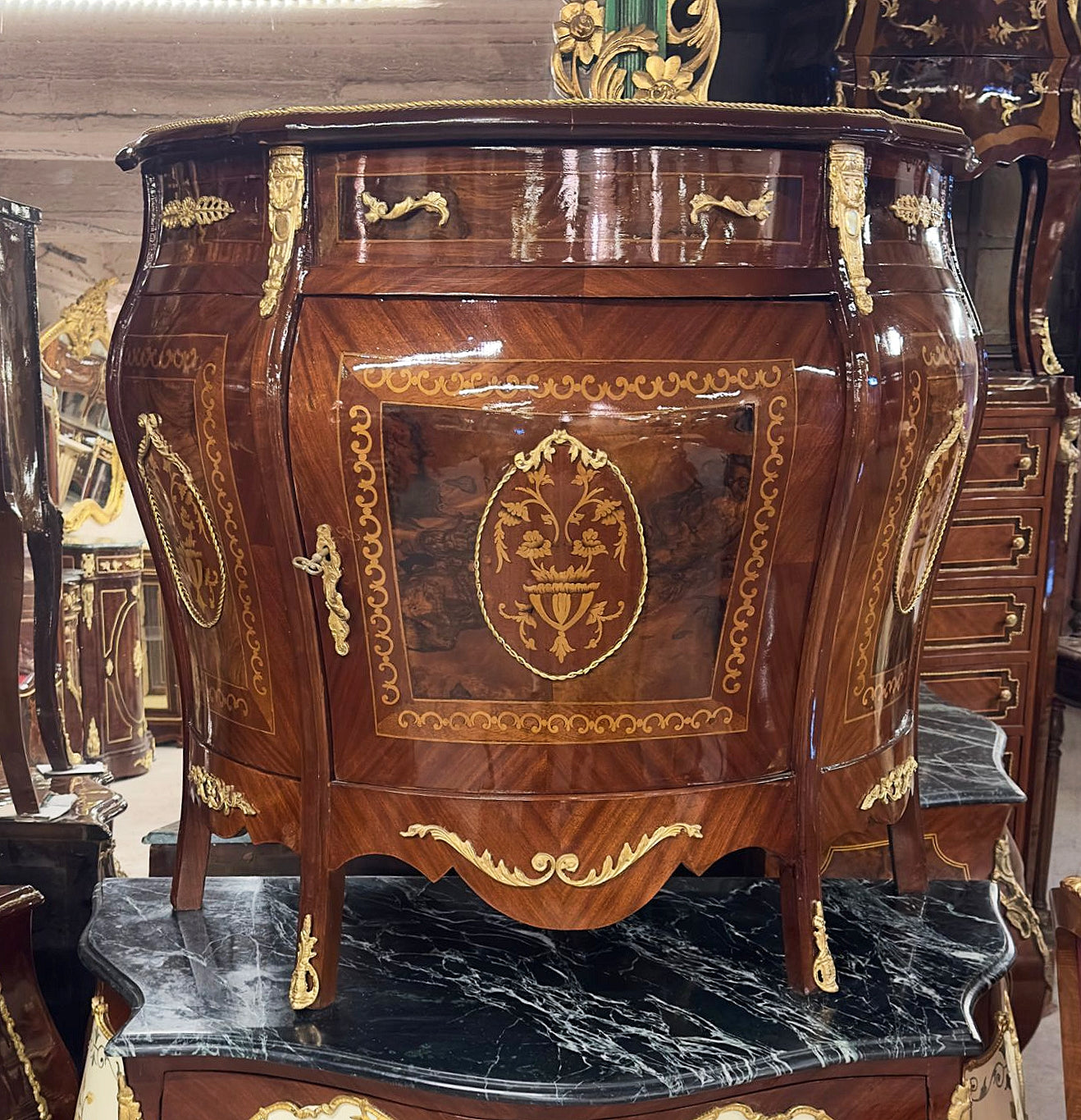 French Louis XVI Style Marquetry Commode With Gold Details