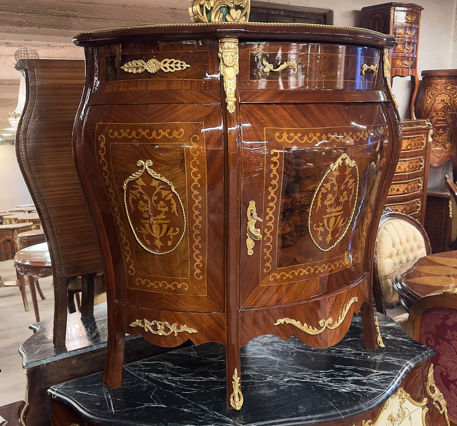 French Louis XVI Style Marquetry Commode With Gold Details