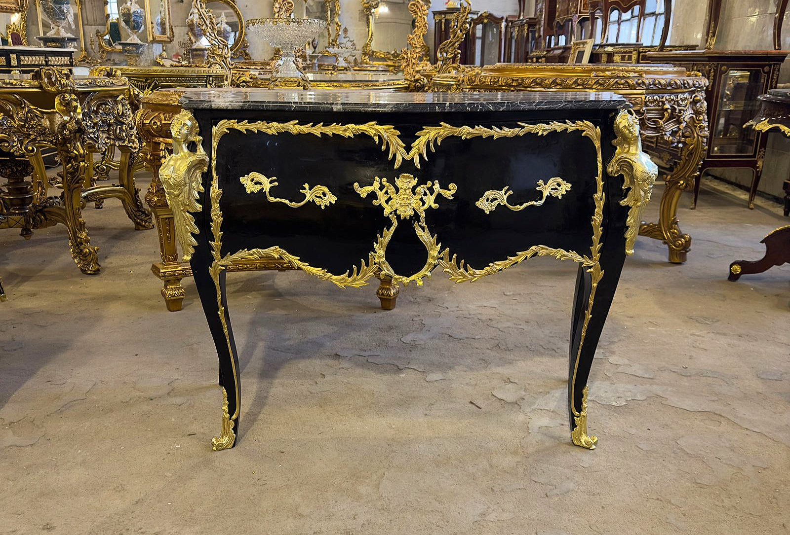 French Style Marble Topped Black Commode With Gold Details