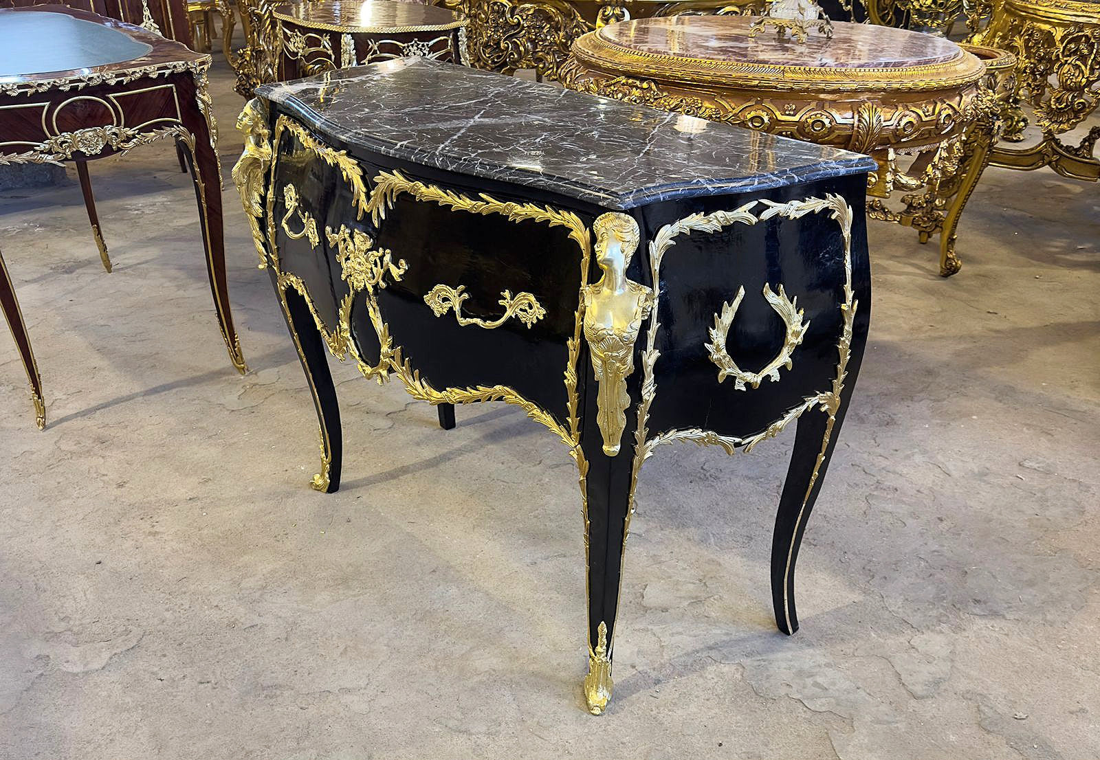 French Style Marble Topped Black Commode With Gold Details