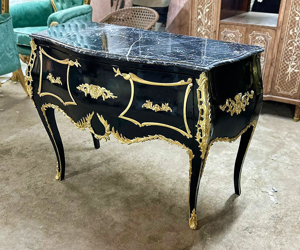 French Louis XV Style Black Commode With Gold Details