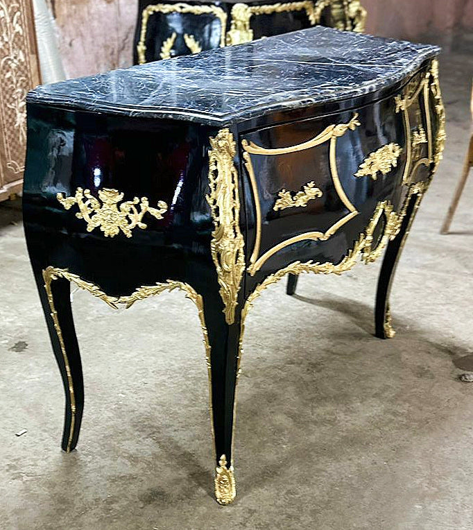 French Louis XV Style Black Commode With Gold Details