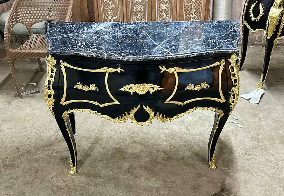 French Louis XV Style Black Commode With Gold Details