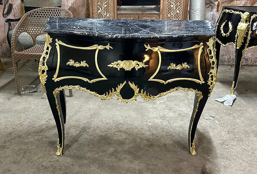 French Louis XV Style Black Commode With Gold Details