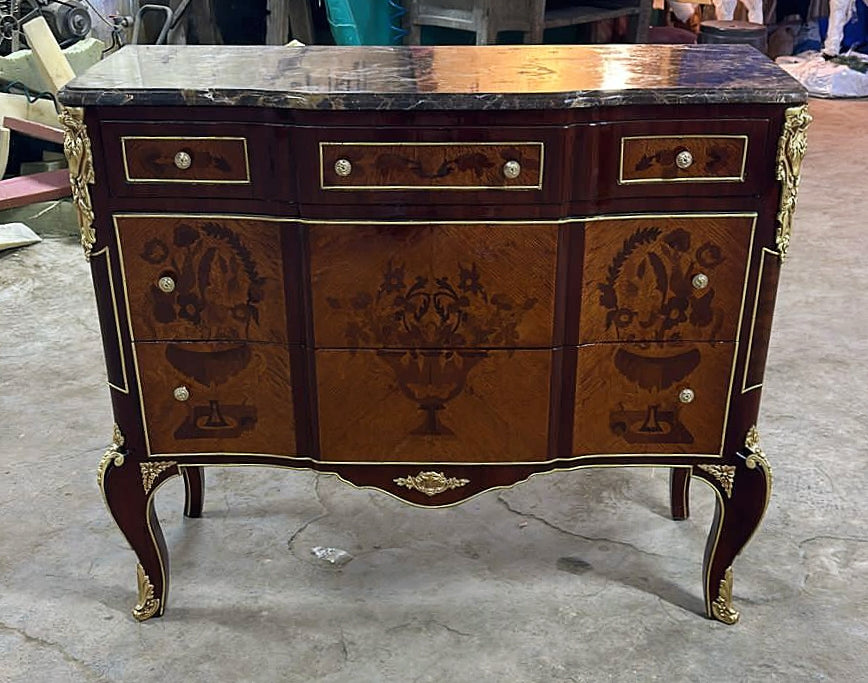 French Louis XVI Style Brown Commode Cabinet With Drawers Marble Topped