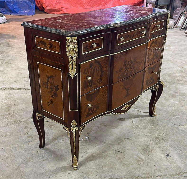 French Louis XVI Style Brown Commode Cabinet With Drawers Marble Topped