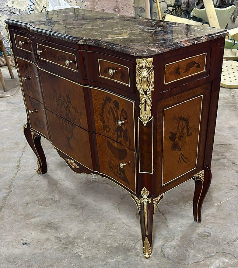 French Louis XVI Style Brown Commode Cabinet With Drawers Marble Topped