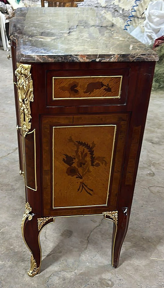 French Louis XVI Style Brown Commode Cabinet With Drawers Marble Topped