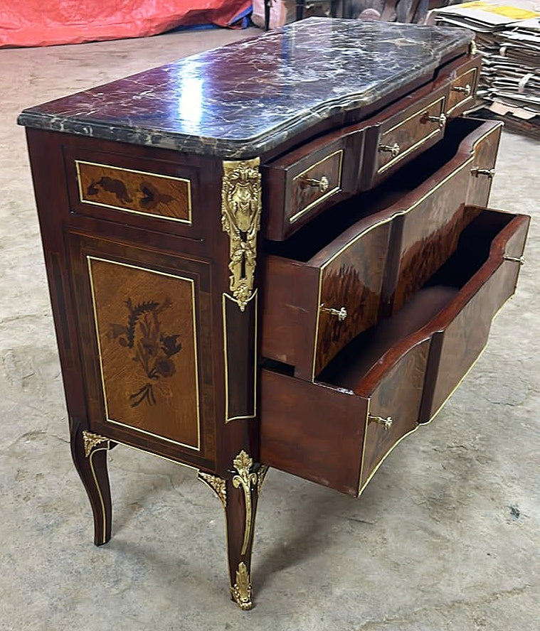 French Louis XVI Style Brown Commode Cabinet With Drawers Marble Topped