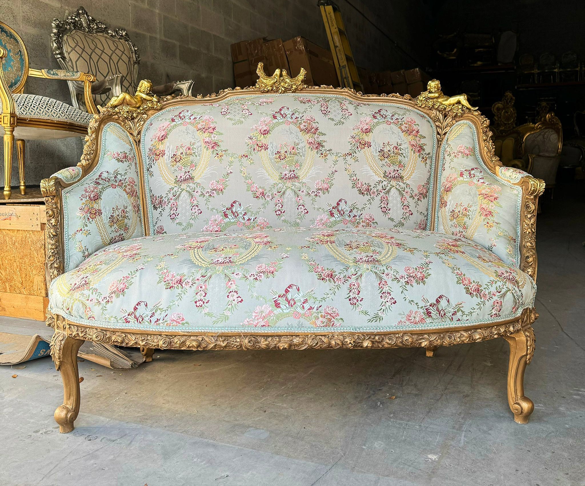 Italian Style Sky Blue Sofa Interior Design Gold Leaf Details French