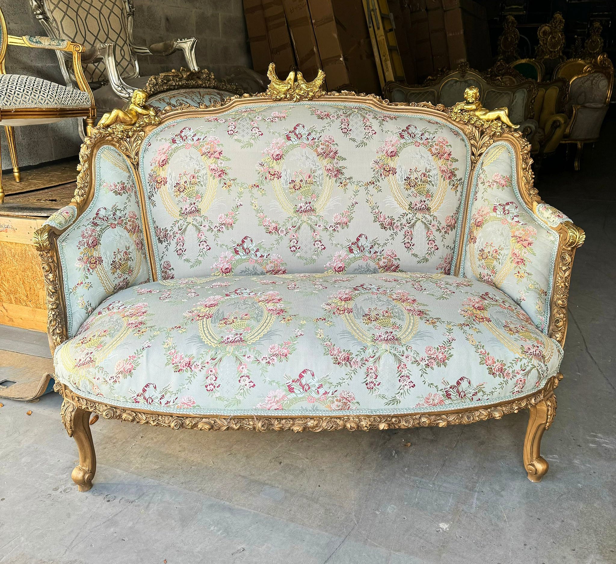 Italian Style Sky Blue Sofa Interior Design Gold Leaf Details French