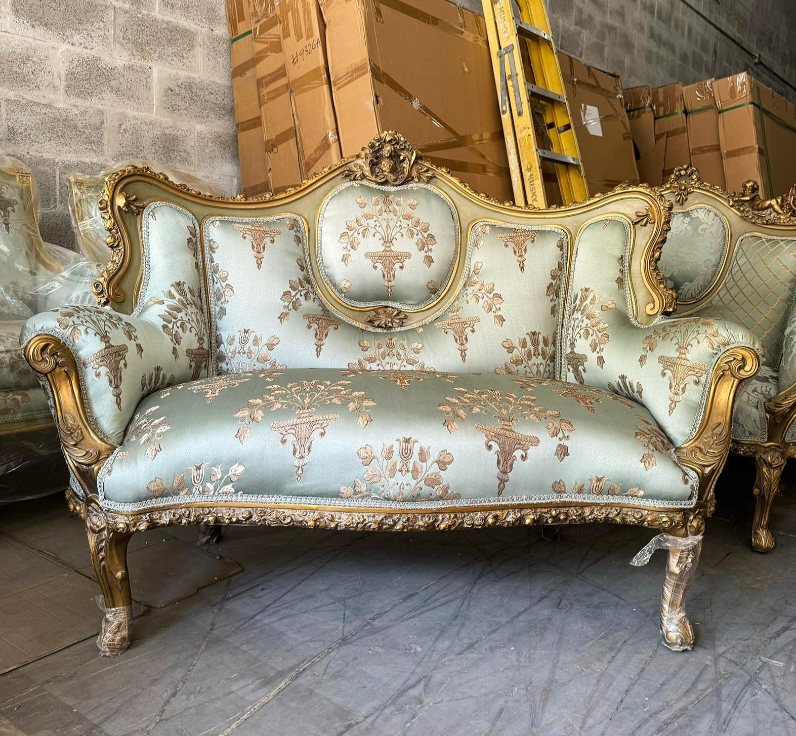 French Rococo Style Sofa Sky Blue Color and Gold Leaf Details Big Sofa Furniture