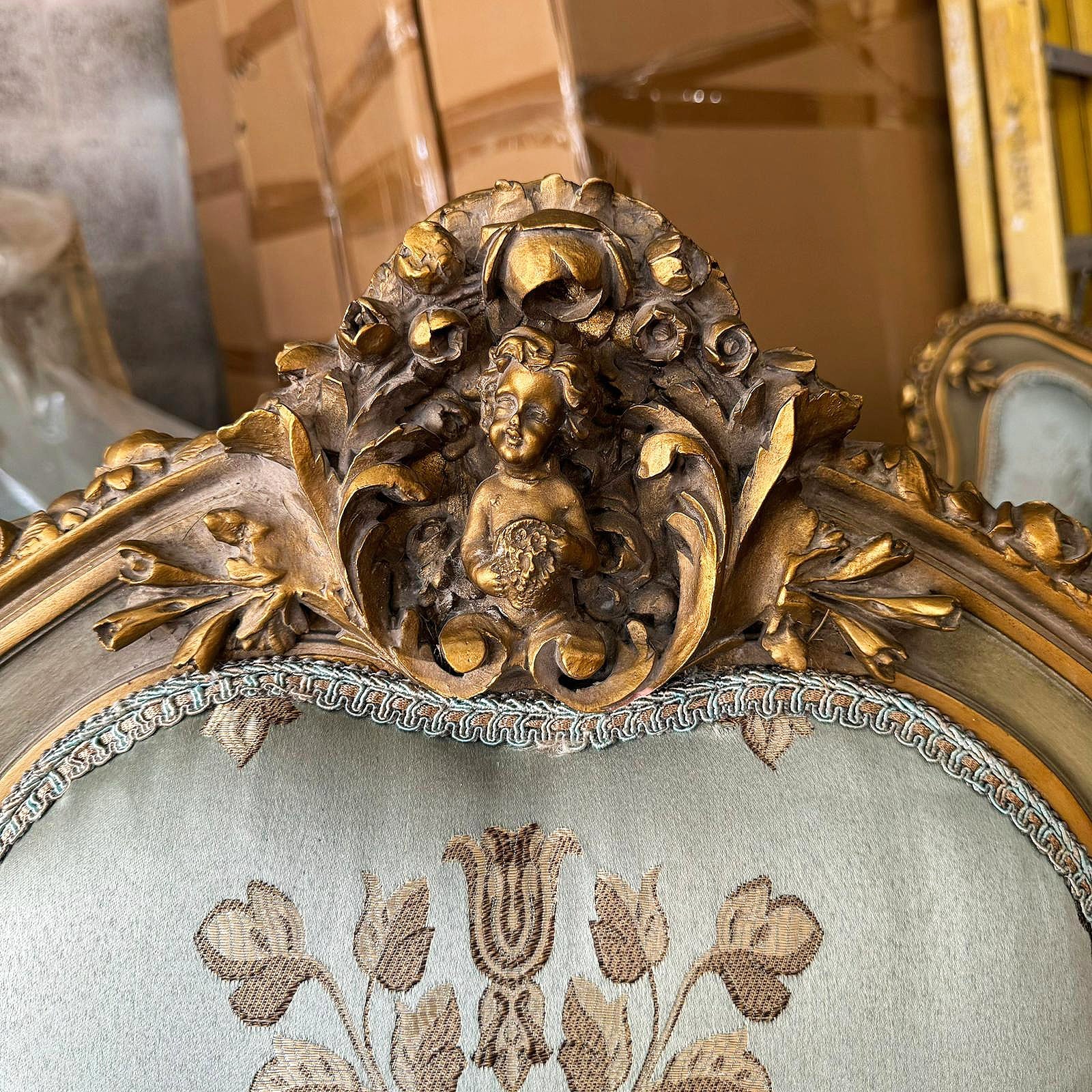 French Rococo Style Sofa Sky Blue Color and Gold Leaf Details Big Sofa Furniture