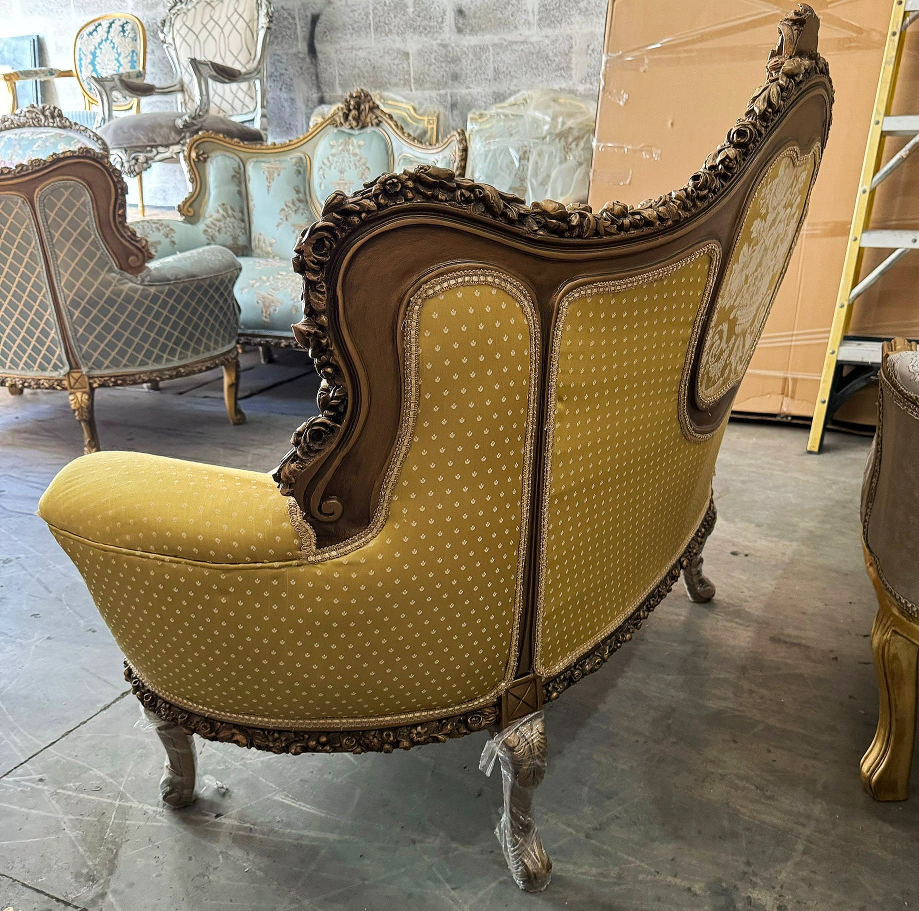 French Rococo Style Sofa Gold Color and Gold Leaf Details Big Sofa Furniture