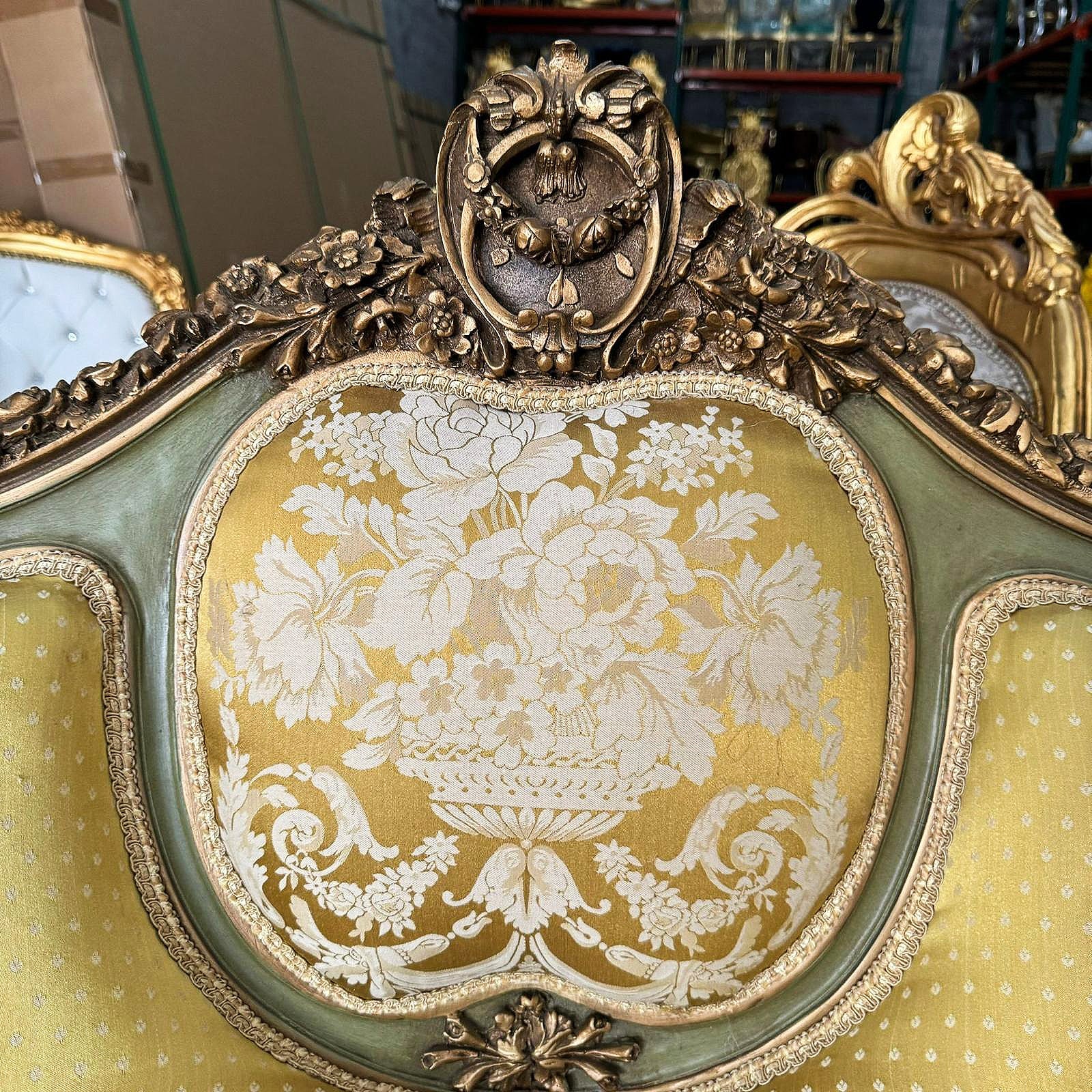 French Rococo Style Sofa Gold Color and Gold Leaf Details Big Sofa Furniture
