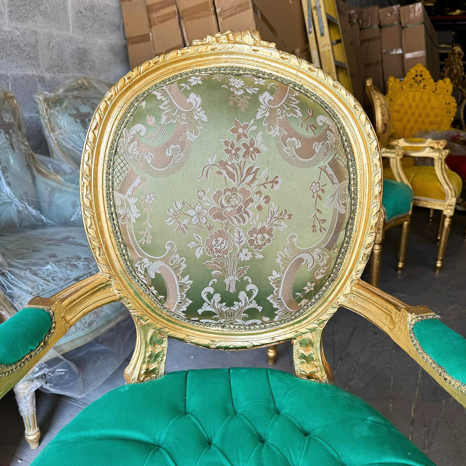 French Style Green Velvet Chair with Gold Details Rococo Baroque