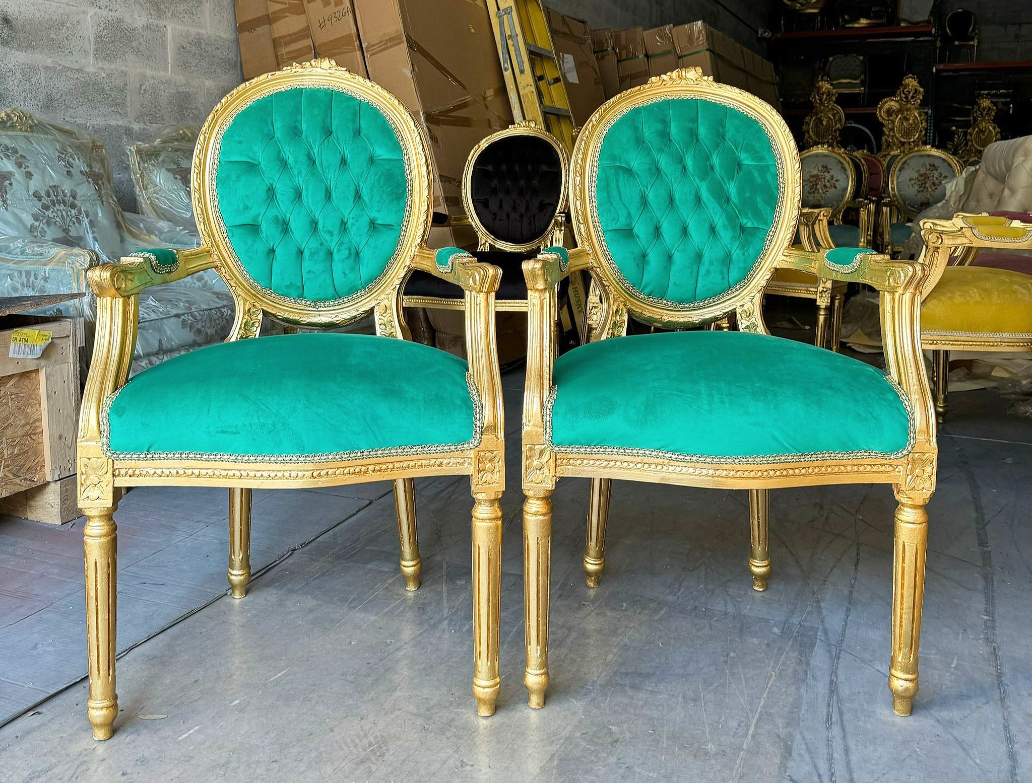 French Style Tufted Green Velvet Chair with Gold Details Rococo Baroque