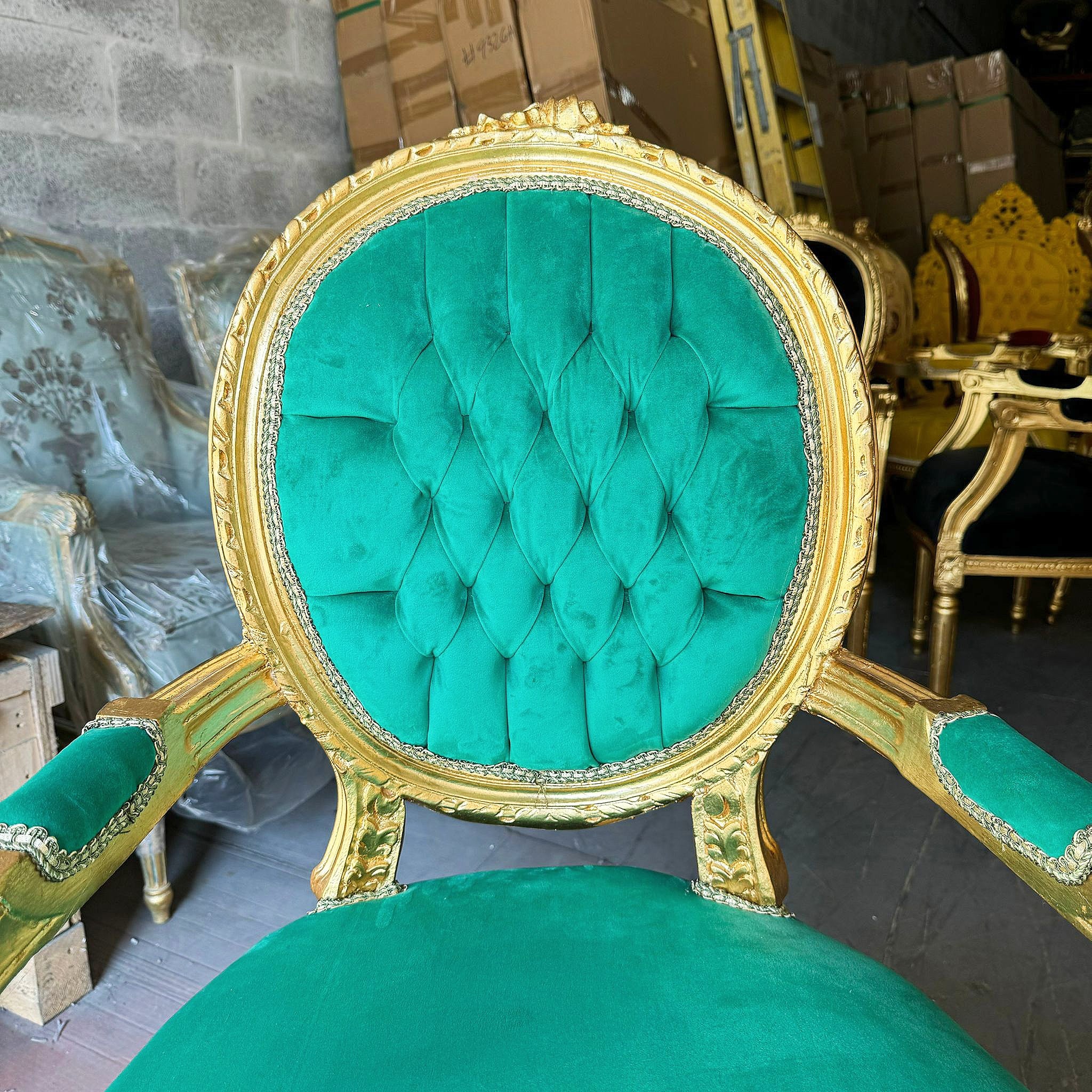 French Style Tufted Green Velvet Chair with Gold Details Rococo Baroque