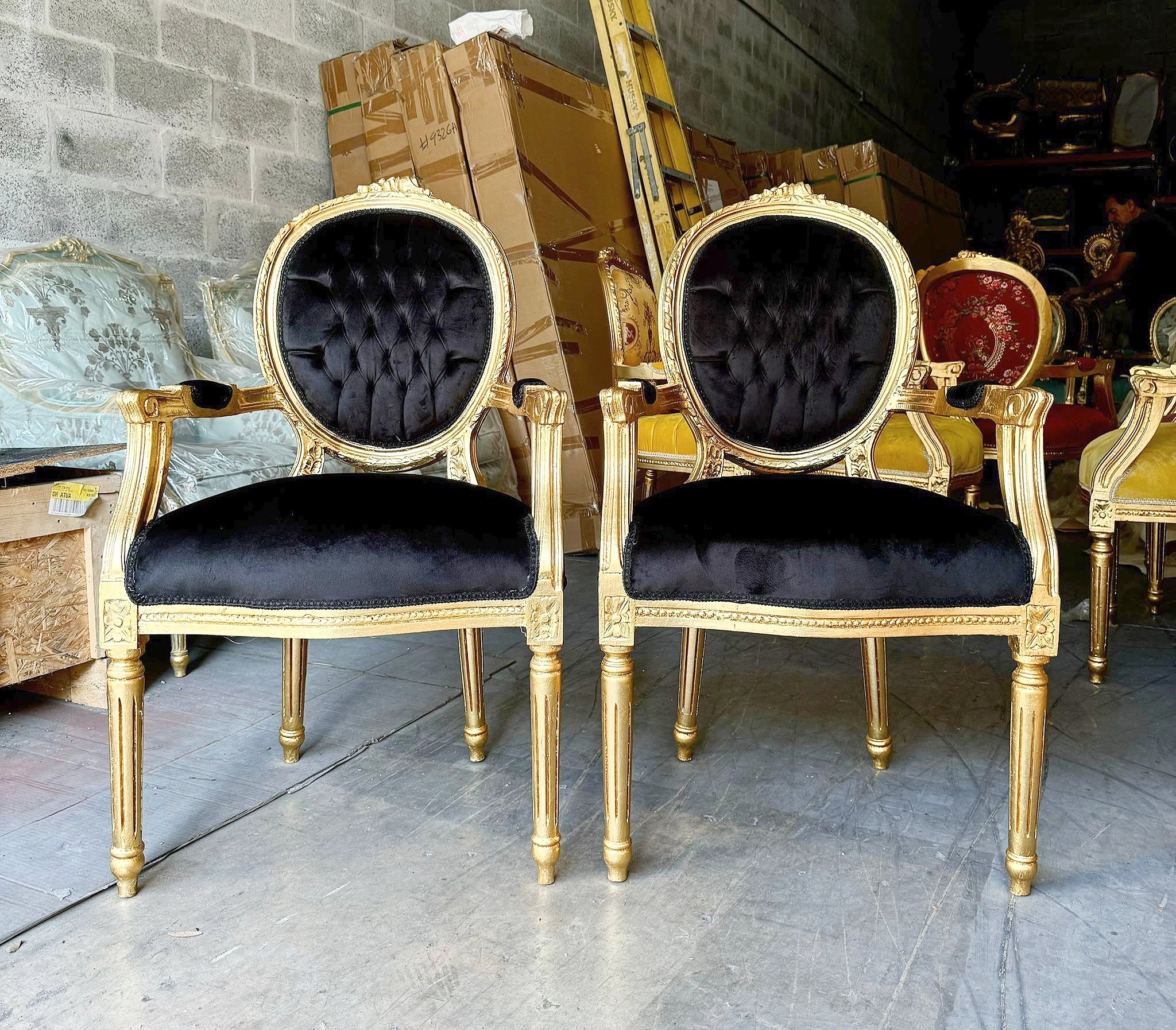 French Style Tufted Black Velvet Chair with Gold Details Rococo Baroque
