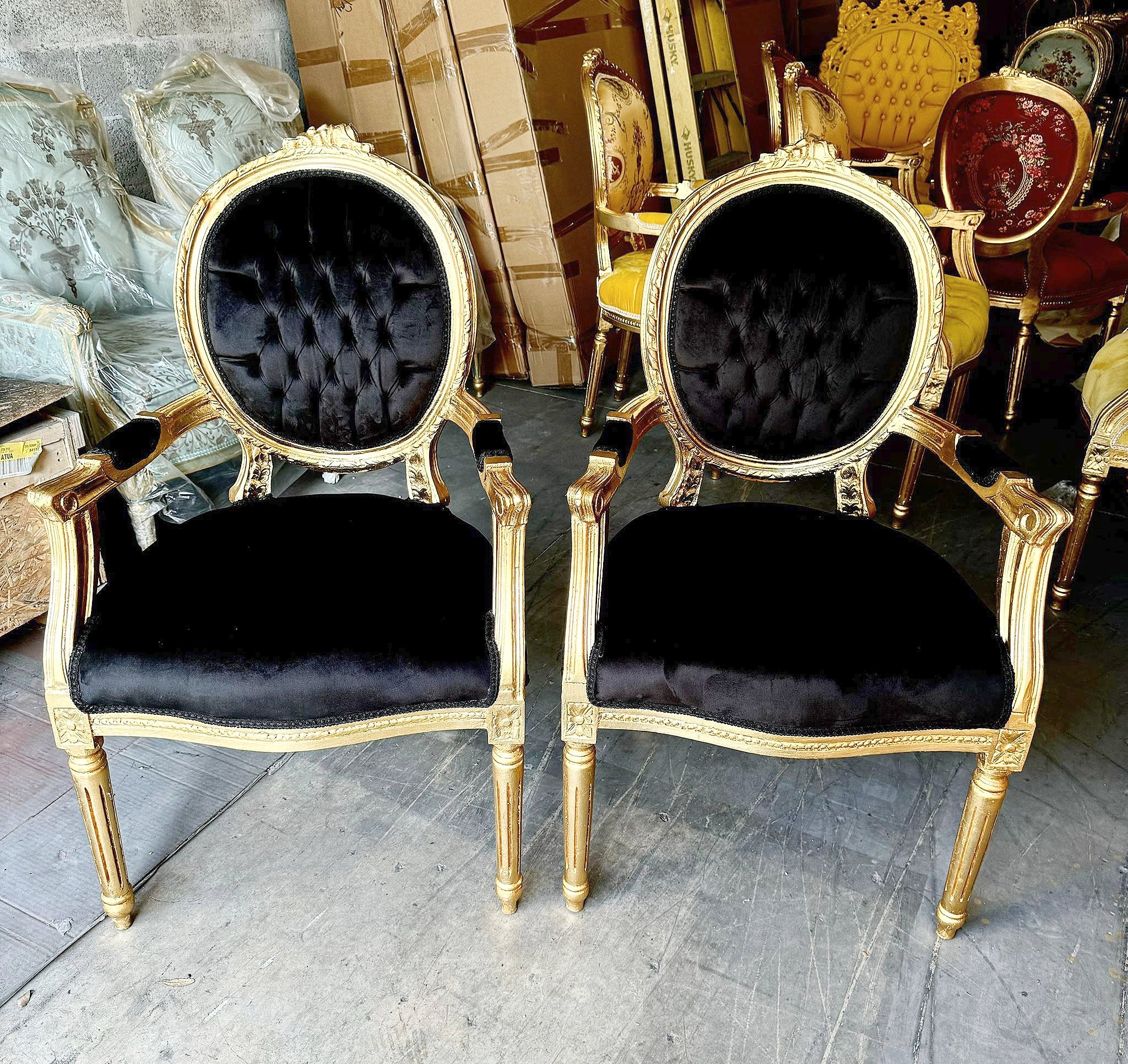 French Style Tufted Black Velvet Chair with Gold Details Rococo Baroque