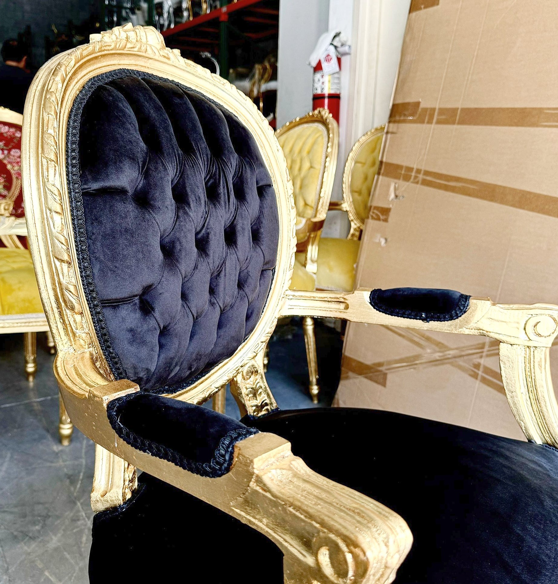 French Style Tufted Black Velvet Chair with Gold Details Rococo Baroque