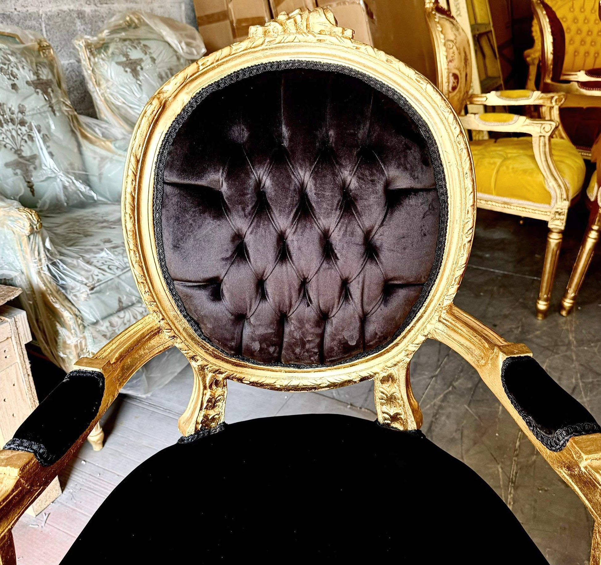 French Style Tufted Black Velvet Chair with Gold Details Rococo Baroque