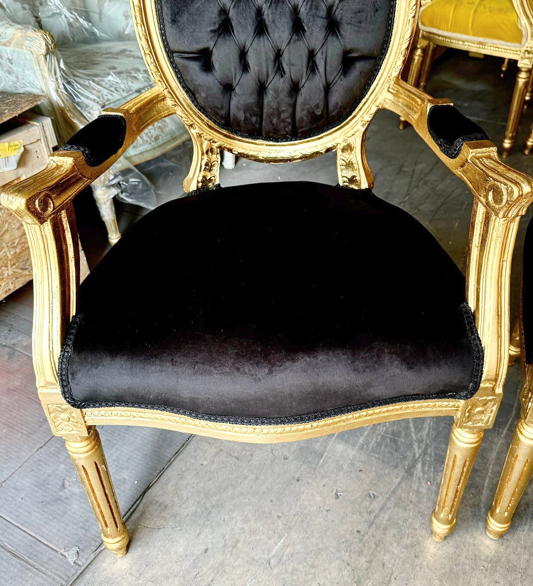 French Style Tufted Black Velvet Chair with Gold Details Rococo Baroque