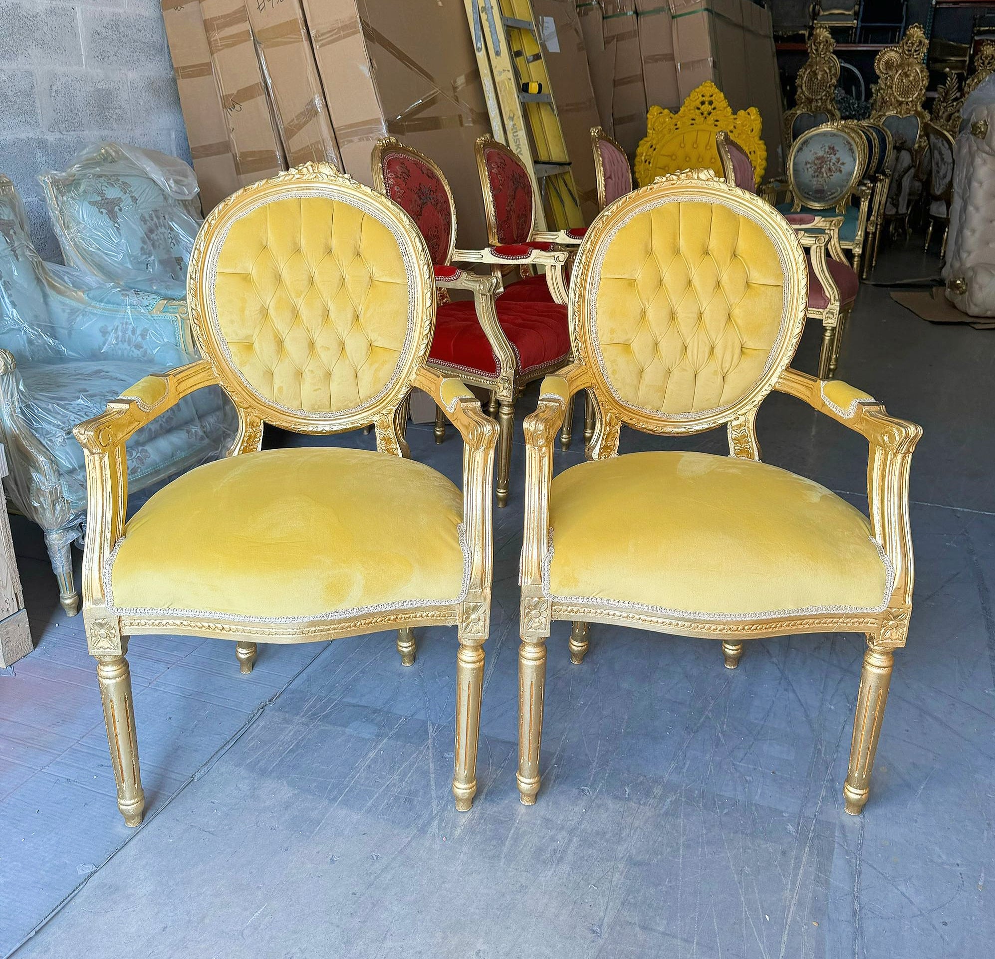 French Style Tufted Yellow Velvet Chair with Gold Details Rococo Baroque