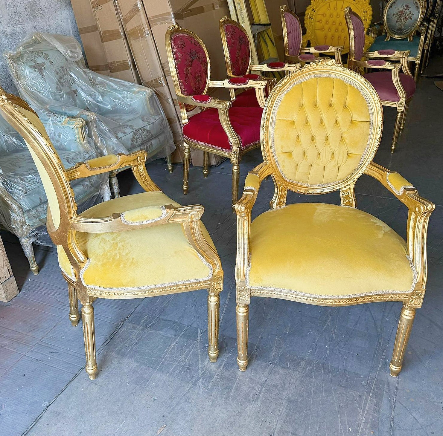 French Style Tufted Yellow Velvet Chair with Gold Details Rococo Baroque