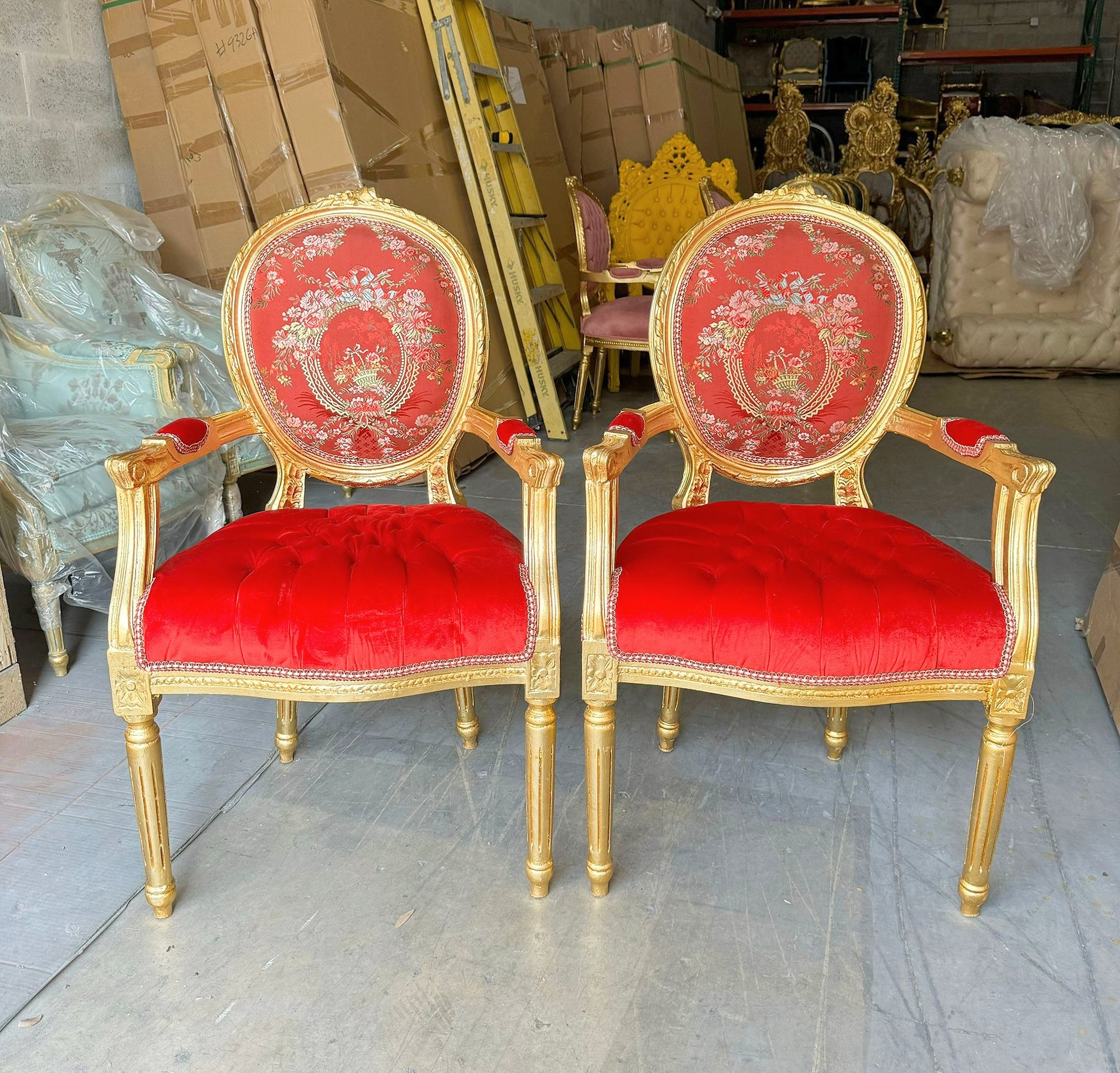 French Style Red Velvet Chair with Gold Details Rococo Baroque