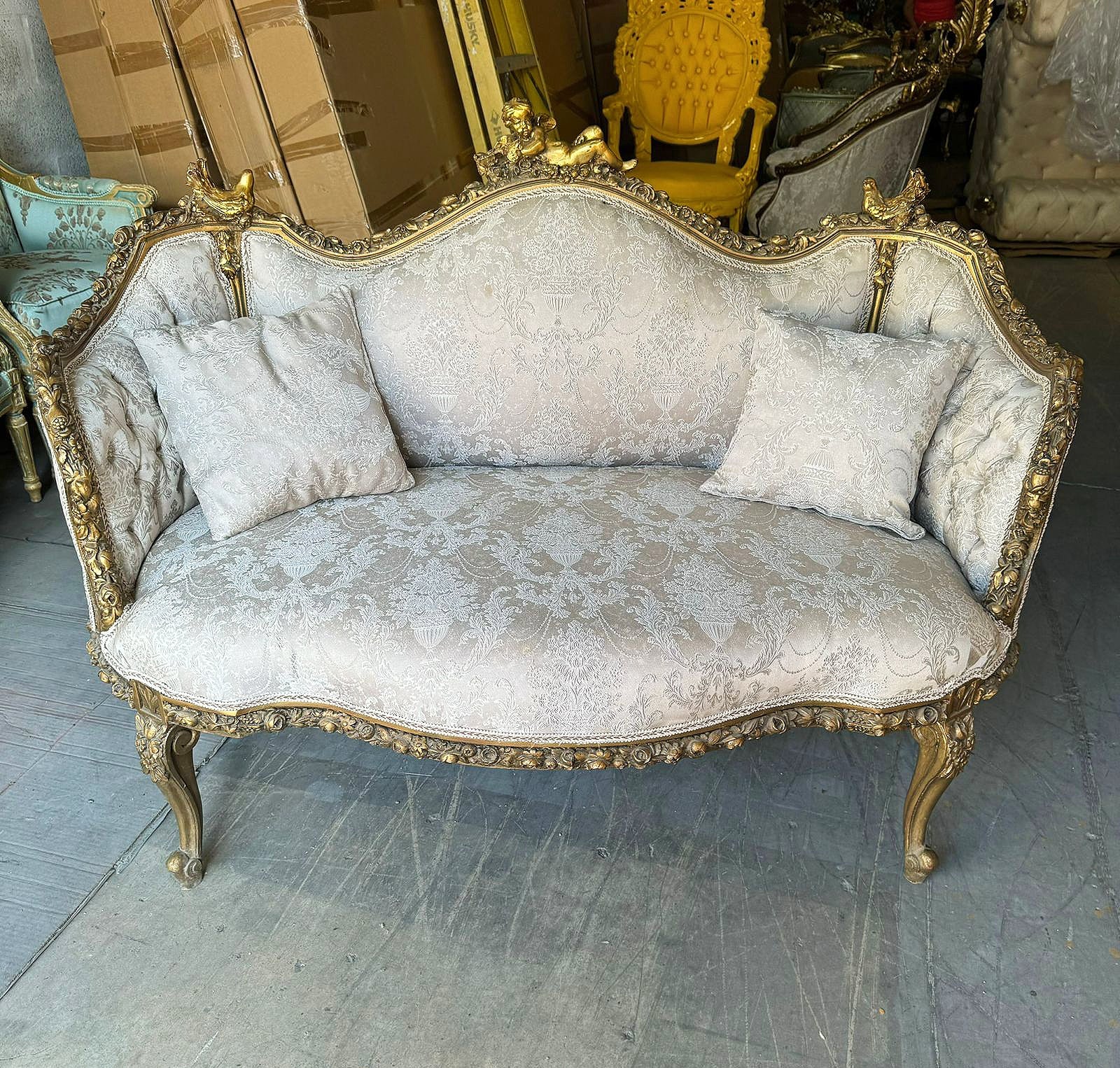 French Baroque Style Tan Beige Sofa Gold details