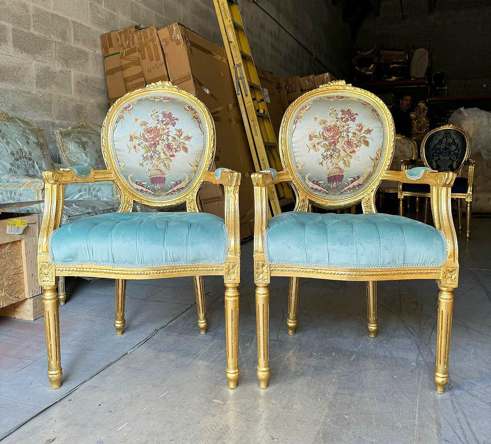 French Style Sky Blue Velvet Chair with Gold Details Rococo Baroque