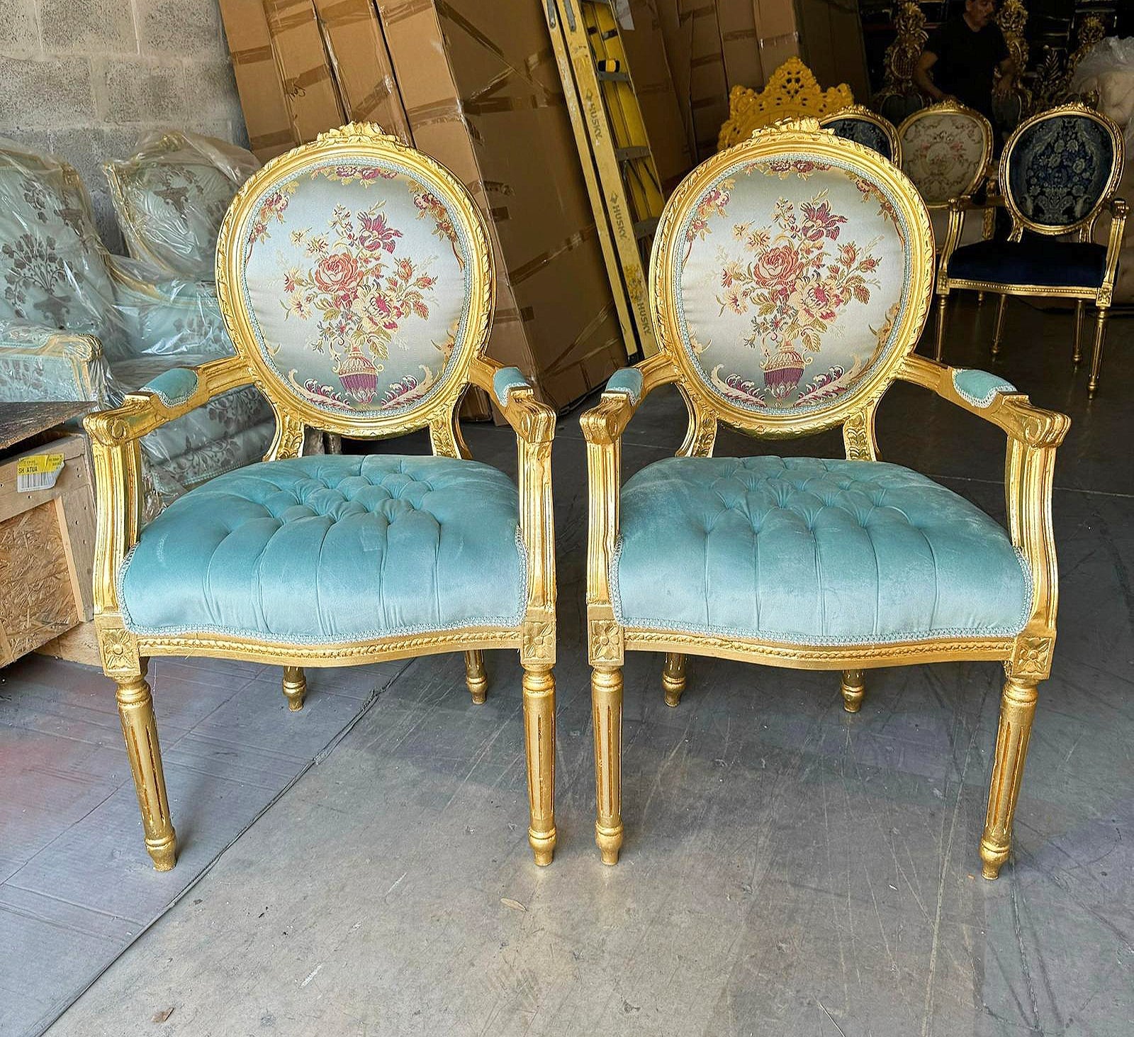French Style Sky Blue Velvet Chair with Gold Details Rococo Baroque