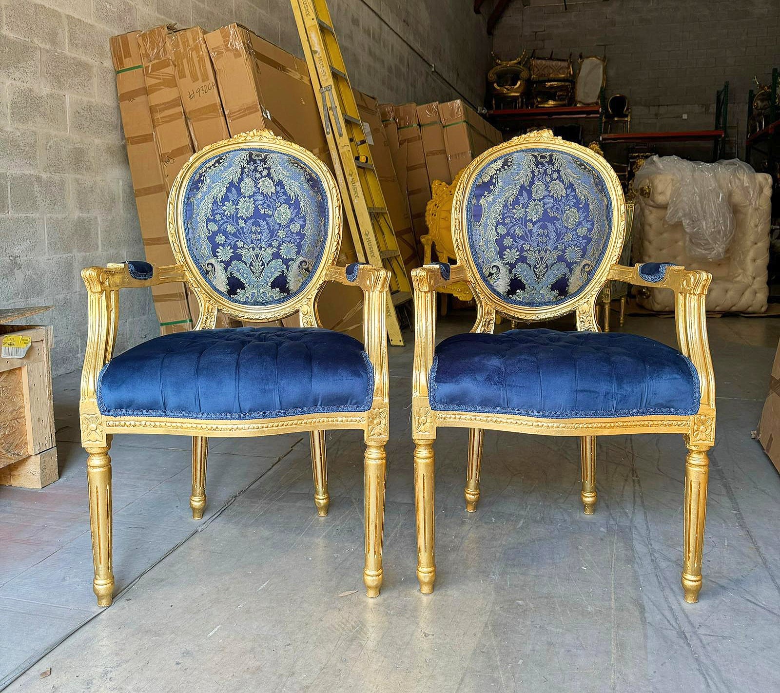 French Style Blue Velvet Chair with Gold Details Rococo Baroque