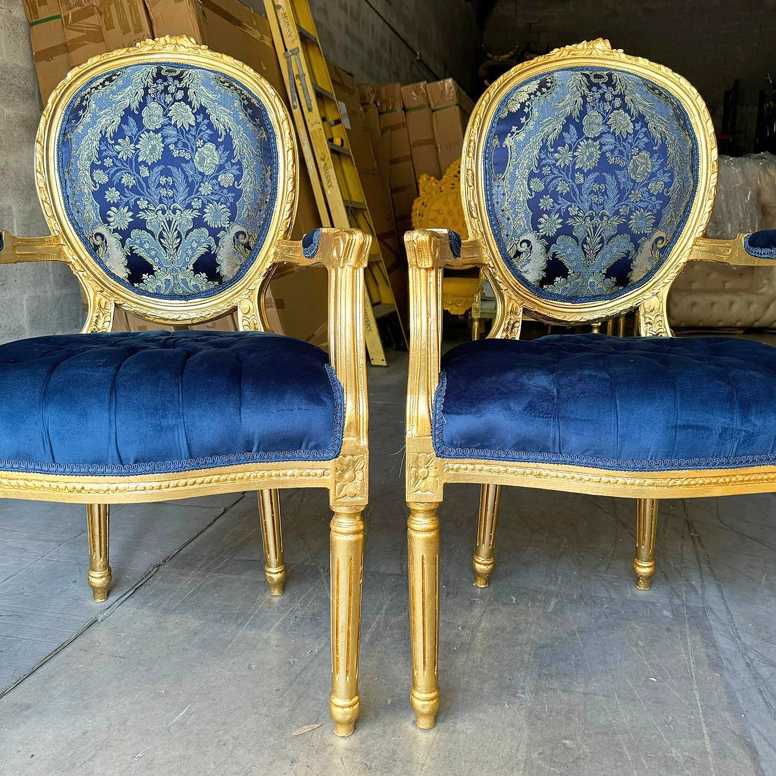 French Style Blue Velvet Chair with Gold Details Rococo Baroque