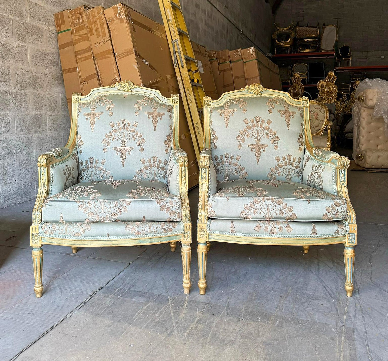 French Louis XV Style Blue Green Bergere Wing Chair with Gold Details