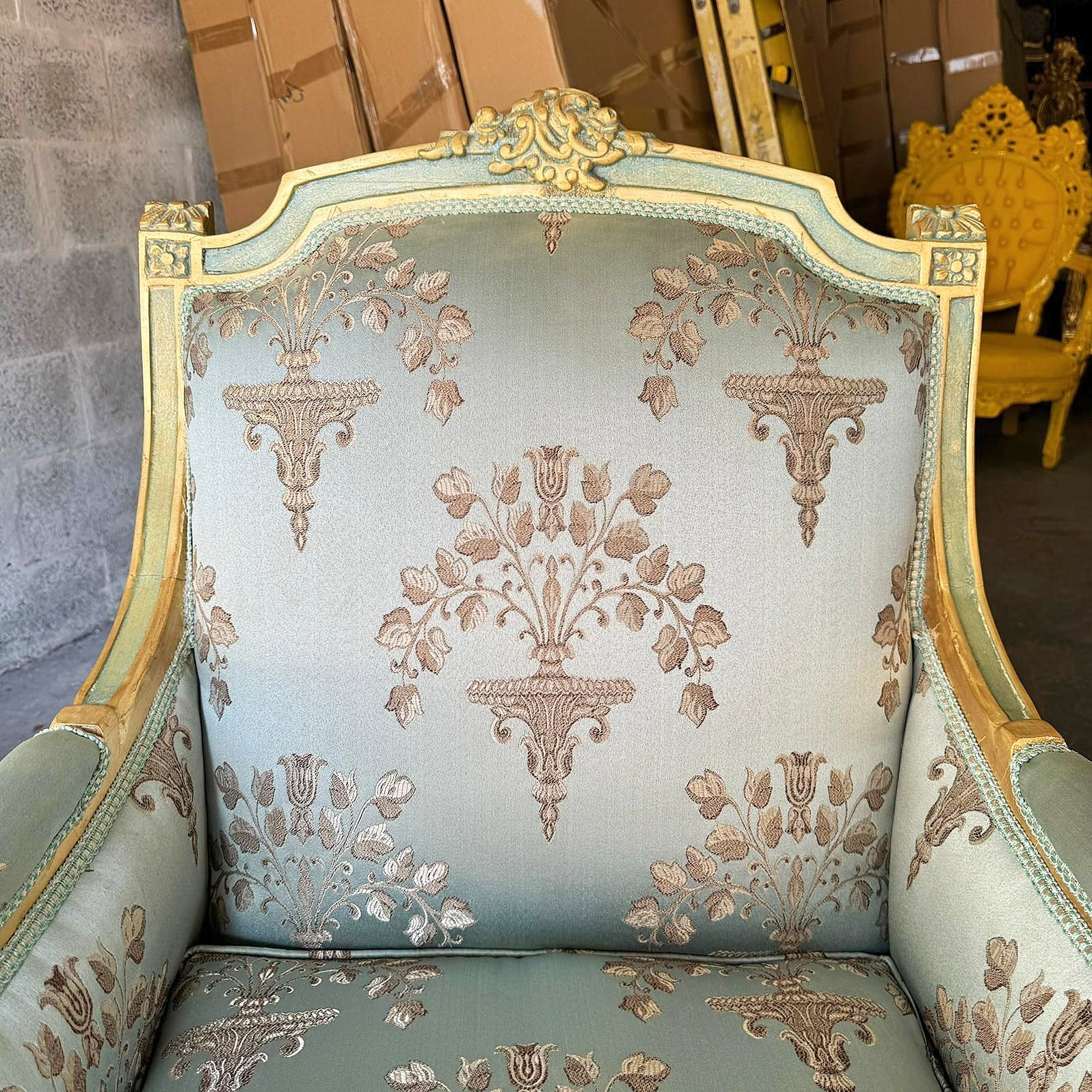 French Louis XV Style Blue Green Bergere Wing Chair with Gold Details