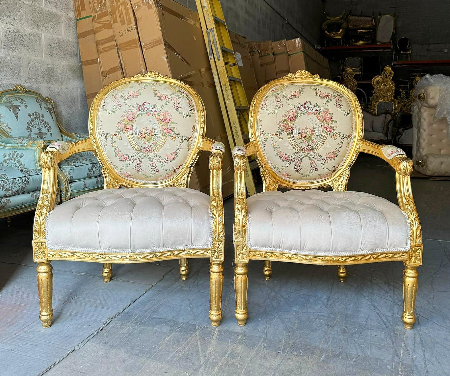 French Style White Velvet Chair with Gold Details Rococo Baroque