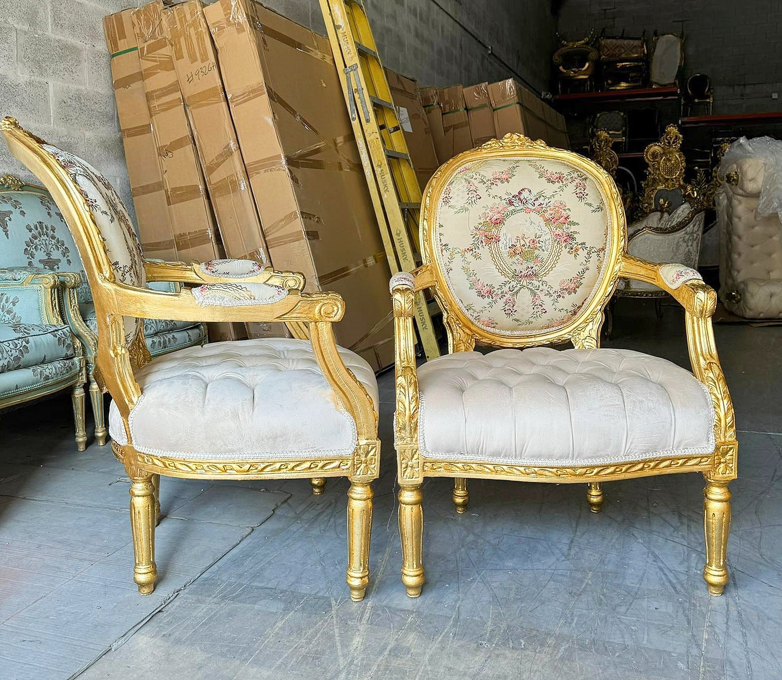 French Style White Velvet Chair with Gold Details Rococo Baroque