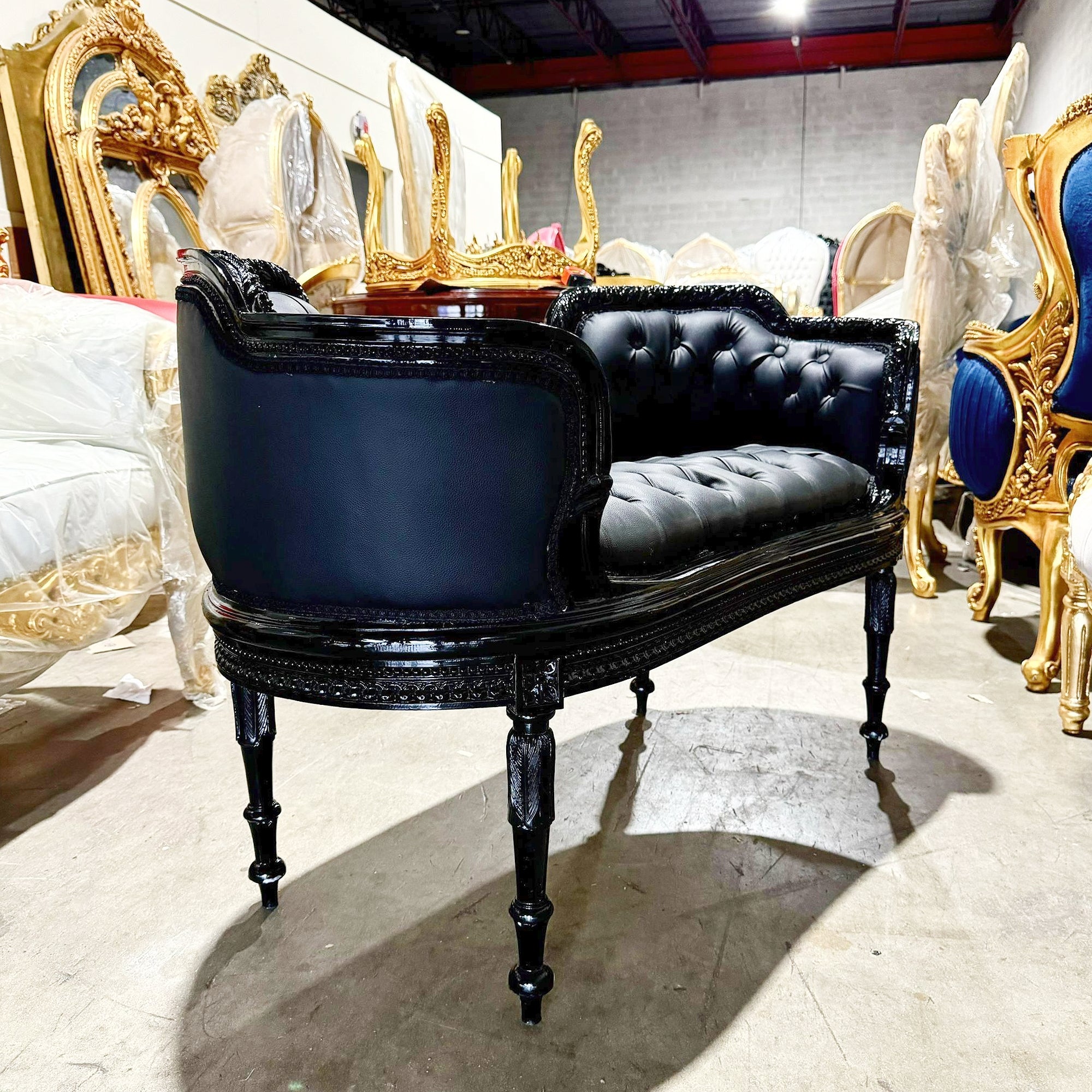 Tufted Bench Black Leather French Style Black Details Rococo Baroque Furniture