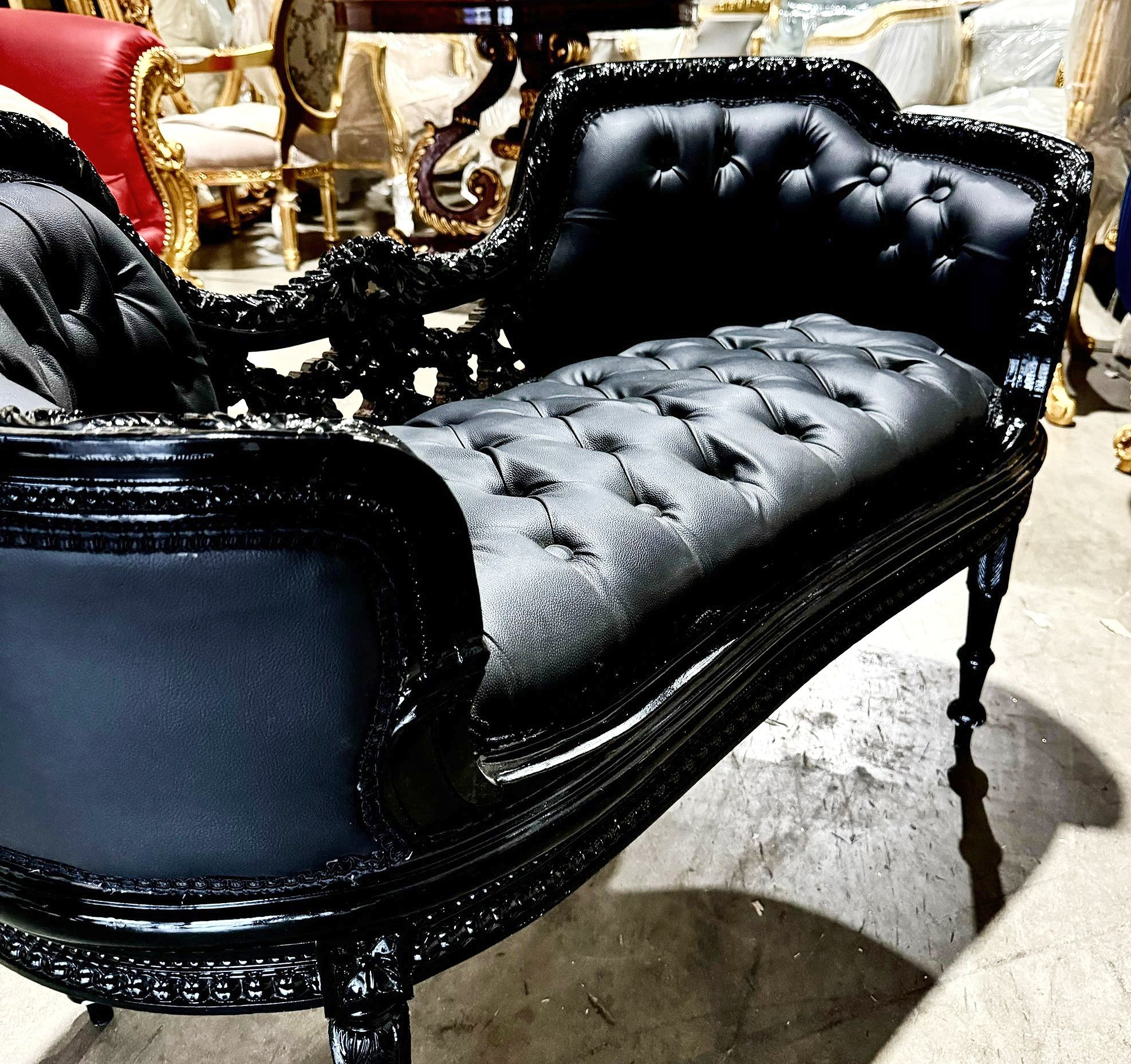 Tufted Bench Black Leather French Style Black Details Rococo Baroque Furniture