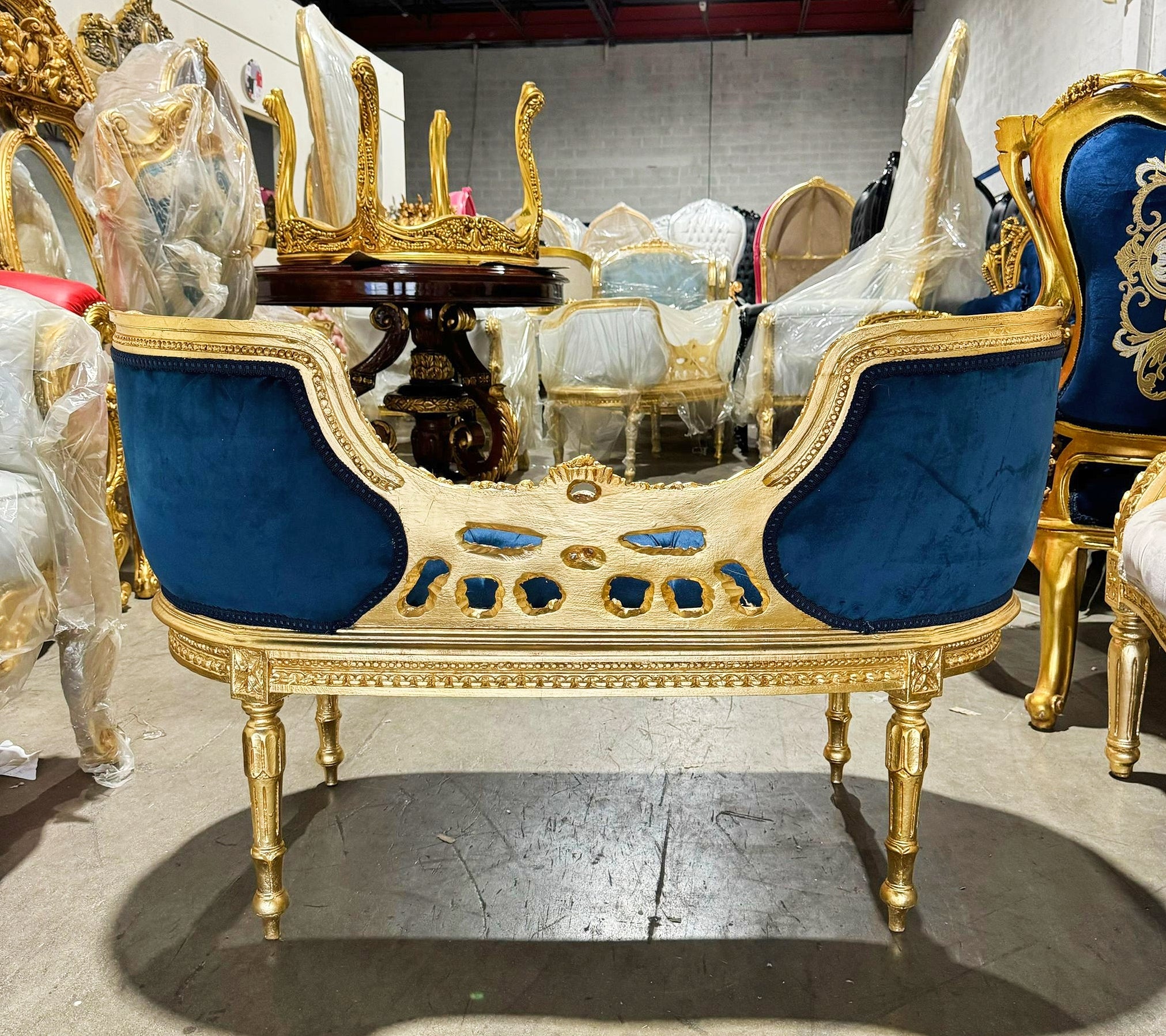 Blue Velvet Tufted Bench – French Rococo Baroque Style with Gold Leaf Frame